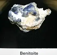 Blue benitoite crystals on white natrolite, Dallas Gem Mine, San Benito Co., California, US