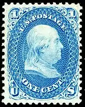 Benjamin Franklin Issue of 1861 from the first series of US Postage Stamps produced by the National Bank Note Co (later merged into the American Bank Note Co.