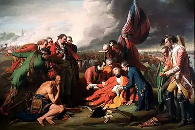 Painting of General Wolfe dying in front of the British flag while attended by officers and native allies