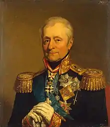 Portrait of Bennigsen in full military uniform holding hilt of sword with gloved hands