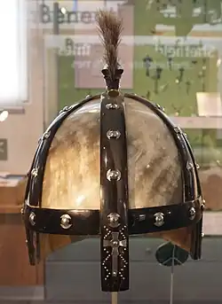 Colour photograph of the Benty Grange helmet replica on view at Weston Park Museum in Sheffield