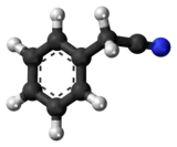 Ball-and-stick model of the benzyl cyanide molecule