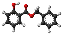 Ball-and-stick model of the benzyl salicylate molecule