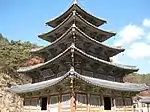 Rare wooden pagoda on the grounds of Beopjusa Temple. A Buddhist temple.