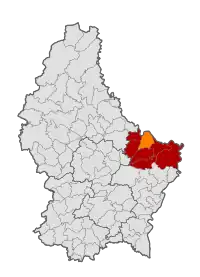 Map of Luxembourg with Berdorf highlighted in orange, and the canton in dark red