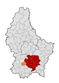 Map of Luxembourg with Bertrange highlighted in orange, and the canton in dark red