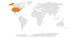 Map indicating locations of Bhutan and United States