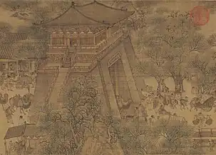 A section of the painting "Along the River During the Qingming Festival" which depicts a Bianjing city gate with a guard tower built on top of the gate.