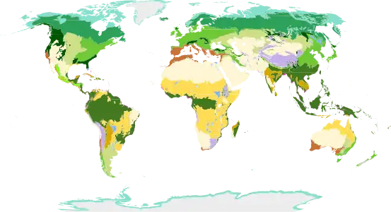 WWF classification, differentiating 14 terrestrial biomes (two for France).