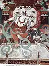 China, mid-Tang Dynasty. Artwork from the Dunhuang Grottos, Yulin Cave number 25 showing a Bird of Life, playing a pipa, with a dancer playing drum