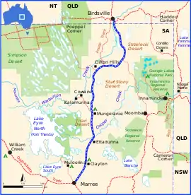 Map showing the route of the Birdsville track