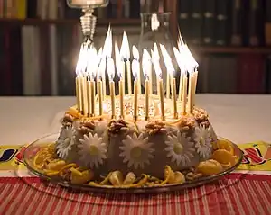 Birthday cake with lit candles