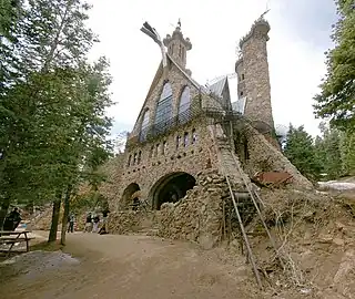 The front half of Bishop Castle from the north. The main tower is over 160 ft (49 m) tall.