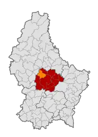 Map of Luxembourg with Bissen highlighted in orange, and the canton in dark red