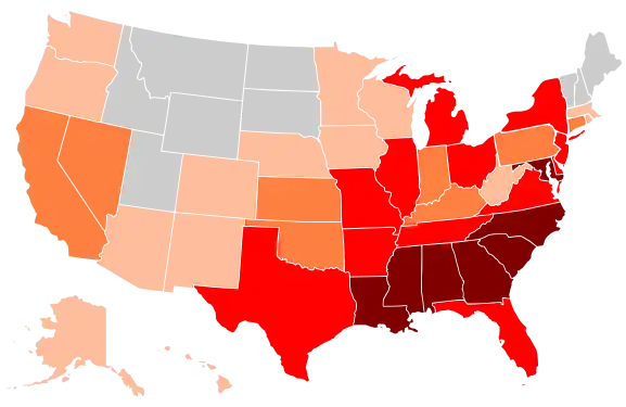 A map of the black percentage of the U.S. population by each state/territory in 1990.Black = 35.0+%Brown = 20.0–34.9%Red = 10.0–19.9%Orange = 5.0–9.9%Light orange = 1.0–4.9%Gray = 0.9% or lessPink = No data available