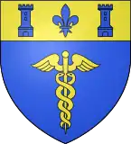 Azure, a caduceus or; upon the chief azure, a fleur-de-lis between two towers, all or.