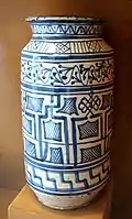 Blue-and-white faience albarello with Pseudo-Kufic designs, Tuscany, 2nd half of 15th century.