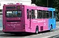 Rear of the Bluestar bus in the special advertising livery.