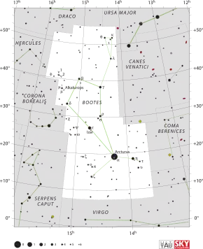 Diagram showing star positions and boundaries of the Boötes constellation and its surroundings