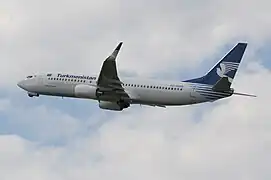 A Boeing 737-800 of Turkmenistan Airlines  taking off at London Heathrow Airport