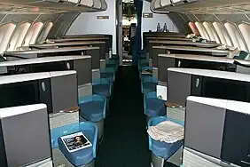 A forward-looking view in the stretched upper deck cabin of later 747s