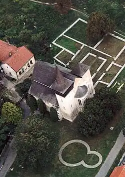 Aerial view of the Boldva church, the base walls of the Benedictian monastery and of the rotunda