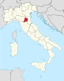 Map highlighting the location of the province of Bologna in Italy