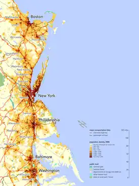 Population density in the Northeast megalopolis on the Atlantic seaboard