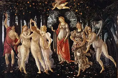 Primavera; by Sandro Botticelli; c. 1478; tempera on panel; 2 x 3.1 m; Uffizi Gallery (Florence)