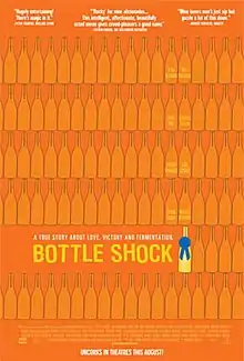 a line drawing of many rows of bottles. one bottle has a blue prize ribbon on it