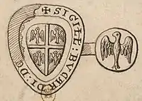 Heraldic seal of Bouchard of Marly, dated 1225. A fully developed heraldic shield is shown on the obverse side of the seal, replacing the depiction of the fully armed knight as it were pars pro toto.