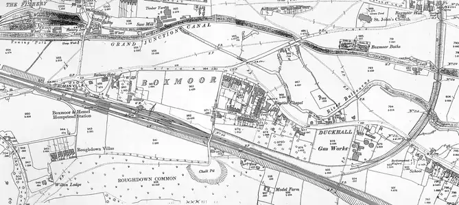 An 1898 OS map shows the southern extend of the Nickey Line, which terminated 1⁄2 mile (0.80 km) away from Boxmoor station; a mainline link opened in 1959 only lasted for 6 months