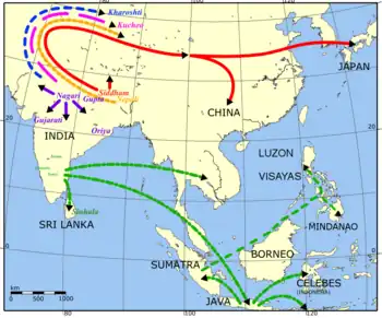 Spread of Brahmic family of scripts (and Kharosthi) from India