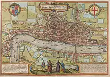 A map of London from Westminster to the Tower, with four figures in 16th-century dress standing on the south bank of the river