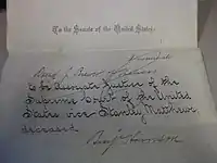 Piece of paper reading "To the Senate of the United States: I nominate David J. Brewer of Kansas to be Associate Justice of the Supreme Court of the United States, vice Stanley Matthews, deceased." and signed by Benjamin Harrison