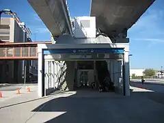 Bridgeport station entrance. The car park and connecting walkway can be seen to the left.