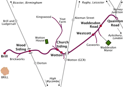 Map of a railway line running roughly south-west to north-east. Long sidings run off the railway line at various places. Two other north–south railway lines cross the line, but do not connect with it. At the northeastern terminus of the line, marked "Quainton Road", the line meets three other lines running to Rugby & Leicester, Verney Junction, and Aylesbury & London respectively. The southwestern terminus, marked "Brill", is some distance north of the town of Brill, which is the only town on the map. A station on one of the other lines, marked "Brill and Ludgersall", is even further from the town of Brill.