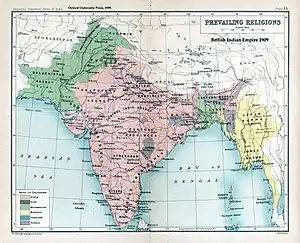 1909 Prevailing Religions, map of the British Indian Empire, 1909, showing the majority religions based on the Census of 1901