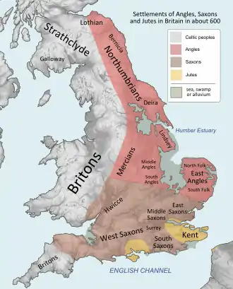 Map showing the kingdoms of Dyfed, Powys, and Gwynedd in the west central part of the island of Great Britain. Dumnonia is below those kingdoms. Mercia, Middle Anglia and East Anglia run across the middle of the island from west to east. Below those kingdoms are Wessex, Sussex and Kent, also from west to east. The northern kingdoms are Elmet, Deira, and Bernicia.