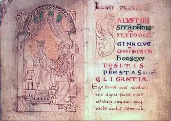 Two pages from an illuminated book, one page with a seated female figure receiving a book from two males. The other page has coloured writing on it.