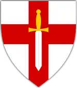 A white crusader sword, point down and with a golden hilt, on top of the red cross of St George. The entire emblem is within a white shield.