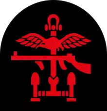 Insignia of Combined Operations units it is a combination of a red Thompson submachine gun, a pair of wings, and an anchor on a navy blue background