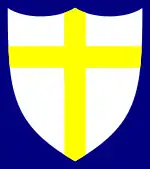 A yellow cross on a white shield