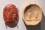 Seal with two facing busts and Sogdian inscription "Indamic, Queen of Zacanta", Kushano-Sasanian period, 300-350 CE. British Museum 119999.