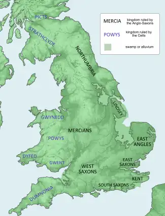 Map of the island of Great Britain. At the far north are the Picts, then below them Strathclyde and Northumbria. In the middle western section are Gwynedd, Powys, Dyfedd, and Gwent. Along the southern shore are Dumnonia, the West and South Saxons, and Kent, running from west to east. In the centre of the island is Mercia. Along the eastern central coast are the East Angles and Lindsey.