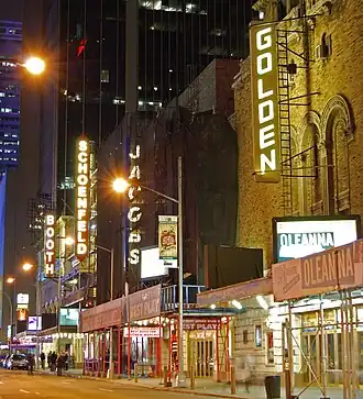 The Golden Theatre, Bernard B. Jacobs Theatre, Gerald Schoenfeld Theatre and Booth Theatre on West 45th Street in Manhattan's Theater District