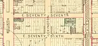 Map of the block and immediate environs, showing the building's footprint, which covers only a small portion of the block