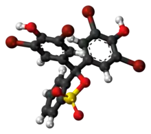 Ball-and-stick model of the bromophenol blue molecule in cyclic form