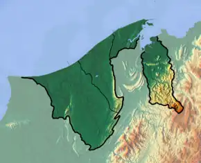 Map showing the location of Brunei Bay on the northern coast of Borneo island