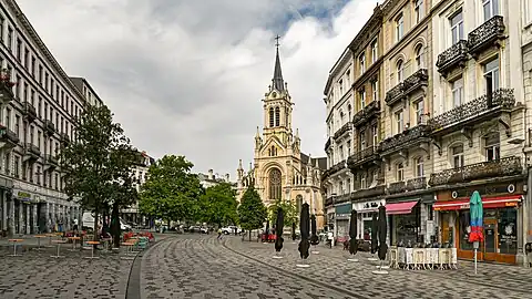 View of the Parvis de Saint-Gilles/Sint-Gillisvoorplein towards the Church of St. Gilles